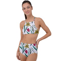 Flowers Bloom Pattern Spring Halter Tankini Set