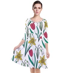 Flowers Bloom Pattern Spring Quarter Sleeve Waist Band Dress