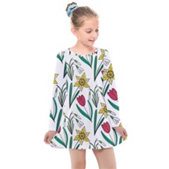Flowers Bloom Pattern Spring Kids  Long Sleeve Dress