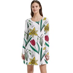 Flowers Bloom Pattern Spring Long Sleeve Velour Skater Dress
