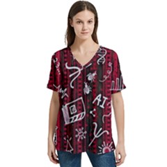 Abstract Pattern Background V-neck Split Shoulder Casual T-shirt