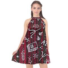 Abstract Pattern Background Halter Neckline Chiffon Dress 