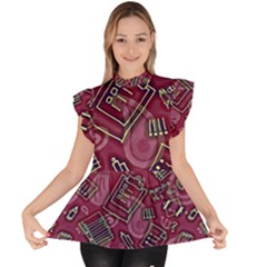 Abstract Art Pattern Design Background Ruffle Collar Short Sleeve Chiffon Top