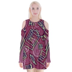 Abstract Art Pattern Design Background Velvet Long Sleeve Shoulder Cutout Dress