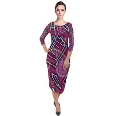 Abstract Art Pattern Design Background Quarter Sleeve Midi Velour Bodycon Dress