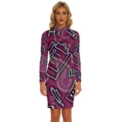 Abstract Art Pattern Design Background Long Sleeve Shirt Collar Bodycon Dress