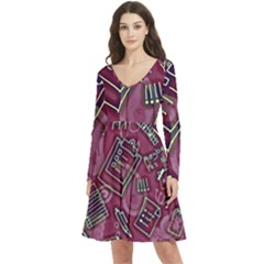 Abstract Art Pattern Design Background Long Sleeve V-neck Skater Dress With Pockets