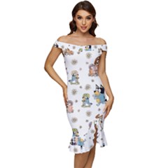 Bluey, Bluey Merch, Bluey Pattern, Bluey Bluey, Bingo, Bluey Design, Bluey Dog Off Shoulder Ruffle Split Hem Bodycon Dress