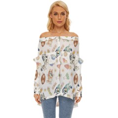 Bluey, Bluey Merch, Bluey Pattern, Bluey Bluey, Bingo, Bluey Design, Bluey Dog Off Shoulder Chiffon Pocket Shirt