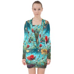 Flowers Detail Painting Nature V-neck Bodycon Long Sleeve Dress