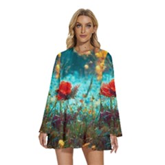 Flowers Detail Painting Nature Round Neck Long Sleeve Bohemian Style Chiffon Mini Dress