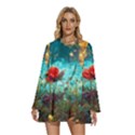 Flowers Detail Painting Nature Round Neck Long Sleeve Bohemian Style Chiffon Mini Dress View1