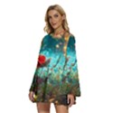 Flowers Detail Painting Nature Round Neck Long Sleeve Bohemian Style Chiffon Mini Dress View2