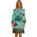 Flowers Detail Painting Nature Women s Round Neck Long Sleeve Bow Deco Dress View1