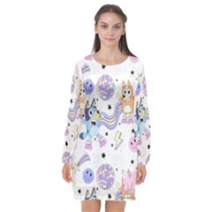 Bluey, Bluey Merch, Bluey Pattern, Bluey Bluey, Bingo, Bluey Design, Bluey Dog Long Sleeve Chiffon Shift Dress 