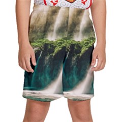 Waterfall Rocks Jungle Forest Kids  Basketball Shorts
