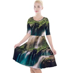 Waterfall Rocks Jungle Forest Quarter Sleeve A-line Dress With Pockets