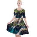 Waterfall Rocks Jungle Forest Quarter Sleeve A-Line Dress With Pockets View1