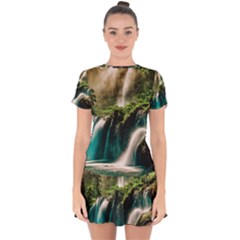 Waterfall Rocks Jungle Forest Drop Hem Mini Chiffon Dress