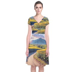 Sunflowers Flowers Nature Short Sleeve Front Wrap Dress