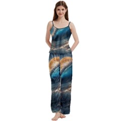 Ocean Sea Waves Spaghetti Top Long Pants Satin Pajamas Set