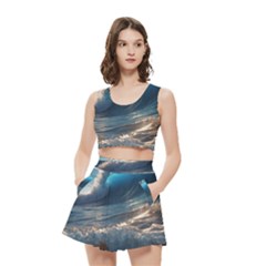 Ocean Sea Waves Women s Crop Top Pleated Skater Rave Skirt