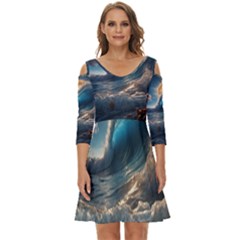 Ocean Sea Waves Shoulder Cut Out Zip Up Dress
