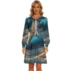 Ocean Sea Waves Women s Round Neck Long Sleeve Bow Deco Dress