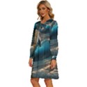 Ocean Sea Waves Women s Round Neck Long Sleeve Bow Deco Dress View2