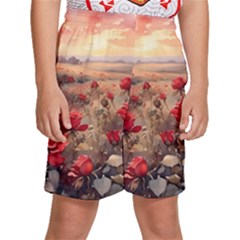 Roses Flower Field Sunset Nature Kids  Basketball Shorts