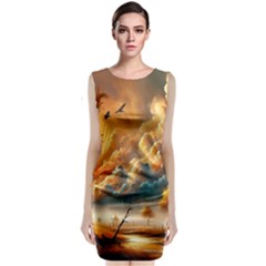 Nature Storm Painting Sleeveless Velvet Midi Dress