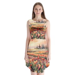 Tulips Field Tree Sleeveless Chiffon Dress  