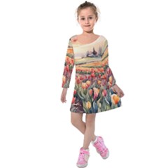 Tulips Field Tree Kids  Long Sleeve Velvet Dress