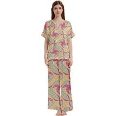 Abstract Pattern Design Scrapbooking Short Sleeve Long Pants Satin Pajamas Set