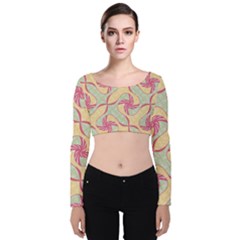 Abstract Pattern Design Scrapbooking Velvet Long Sleeve Crop Top