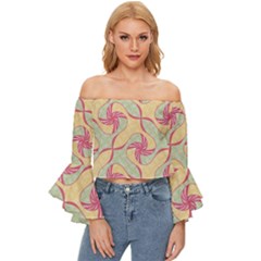 Abstract Pattern Design Scrapbooking Off Shoulder Flutter Bell Sleeve Top