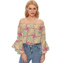 Abstract Pattern Design Scrapbooking Off Shoulder Flutter Bell Sleeve Top View1