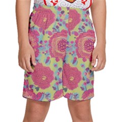 Mid Century Retro Floral 1970s 1960s Pattern 82 Kids  Basketball Shorts