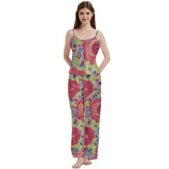 Mid Century Retro Floral 1970s 1960s Pattern 82 Spaghetti Top Long Pants Satin Pajamas Set