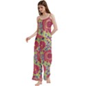 Mid Century Retro Floral 1970s 1960s Pattern 82 Spaghetti Top Long Pants Satin Pajamas Set View2