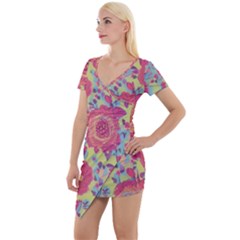 Mid Century Retro Floral 1970s 1960s Pattern 82 Short Sleeve Asymmetric Mini Dress