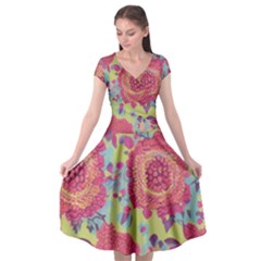 Mid Century Retro Floral 1970s 1960s Pattern 82 Cap Sleeve Wrap Front Dress