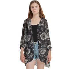 Mid Century Retro Floral 1970s 1960s Pattern 71 Open Front 3/4 Sleeve Batwing Chiffon Cardigan Kimono