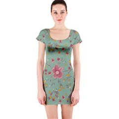 Mid Century Retro Floral 1970s 1960s Pattern 79 Short Sleeve Bodycon Dress