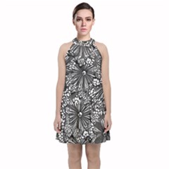 Mid Century Retro Floral 1970s 1960s Pattern 73 Velvet Halter Neckline Dress 