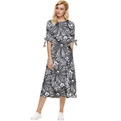 Mid Century Retro Floral 1970s 1960s Pattern 73 Bow Sleeve Chiffon Midi Dress
