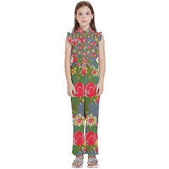 Mid Century Retro Floral 1970s 1960s Pattern 83 Kids  Sleeveless Ruffle Edge Band Collar Chiffon One Piece