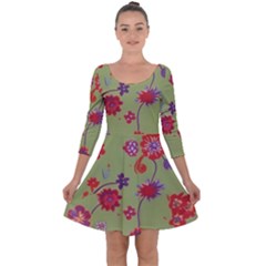 Mid Century Retro Floral 1970s 1960s Pattern 76 Quarter Sleeve Skater Dress