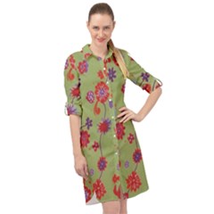 Mid Century Retro Floral 1970s 1960s Pattern 76 Long Sleeve Mini Shirt Dress