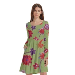 Mid Century Retro Floral 1970s 1960s Pattern 76 Long Sleeve Knee Length Skater Dress With Pockets